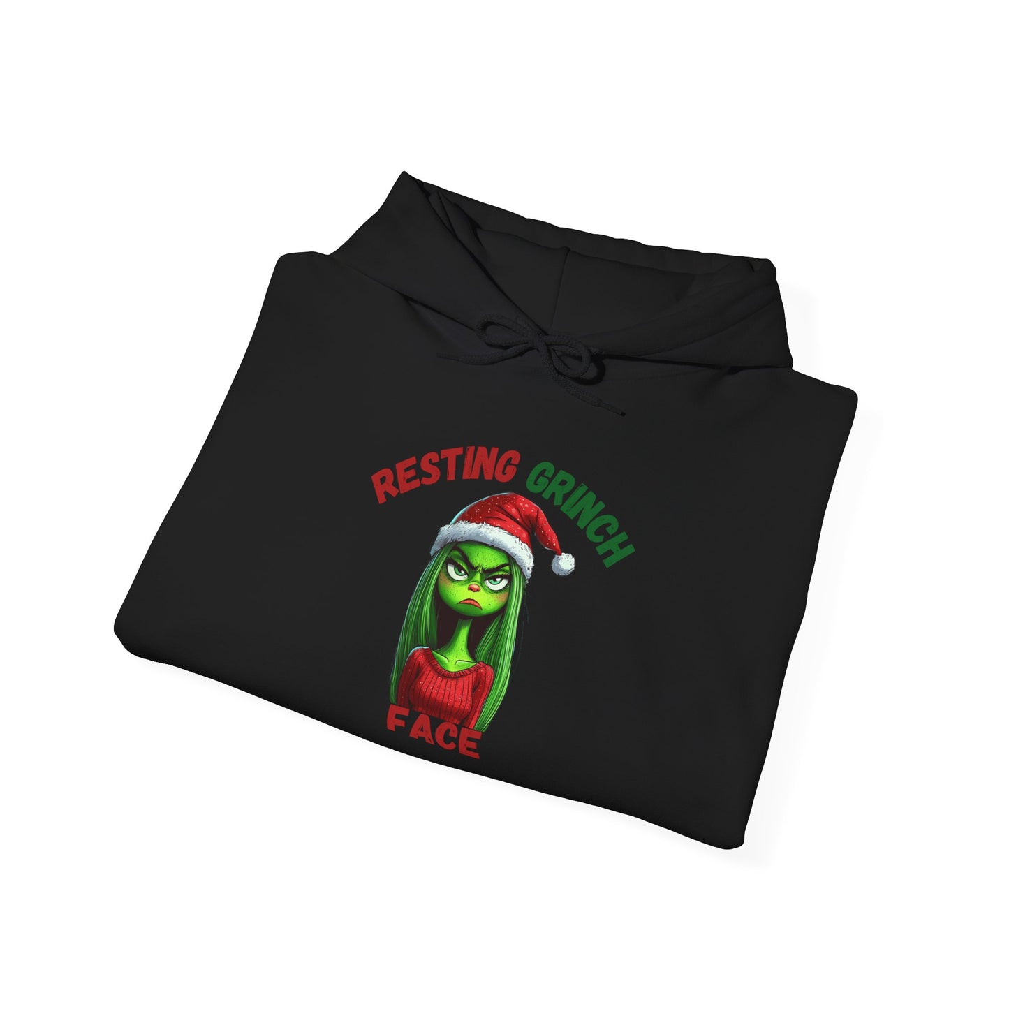 "Resting Grinch Face" Hoodie – Funny Christmas Hoodie in Red & Green Text for Holiday Season