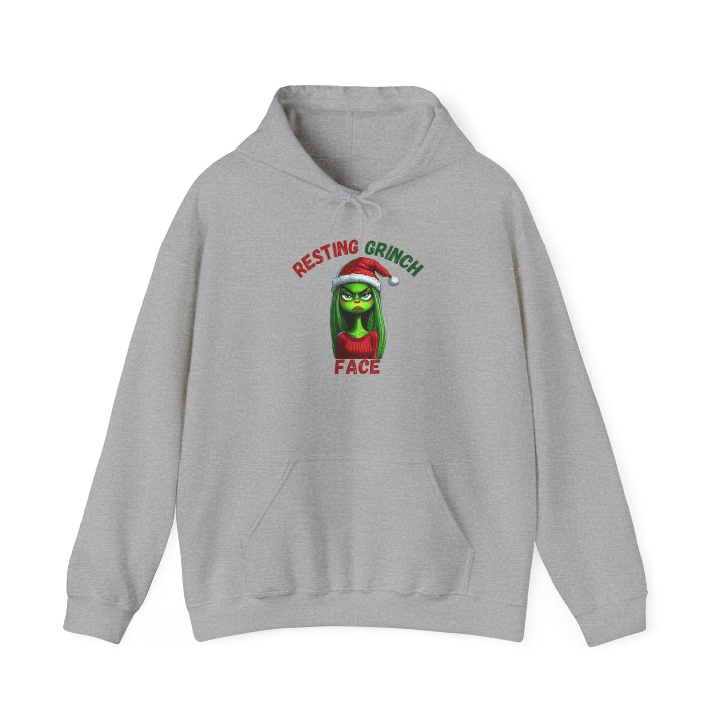 "Resting Grinch Face" Hoodie – Funny Christmas Hoodie in Red & Green Text for Holiday Season