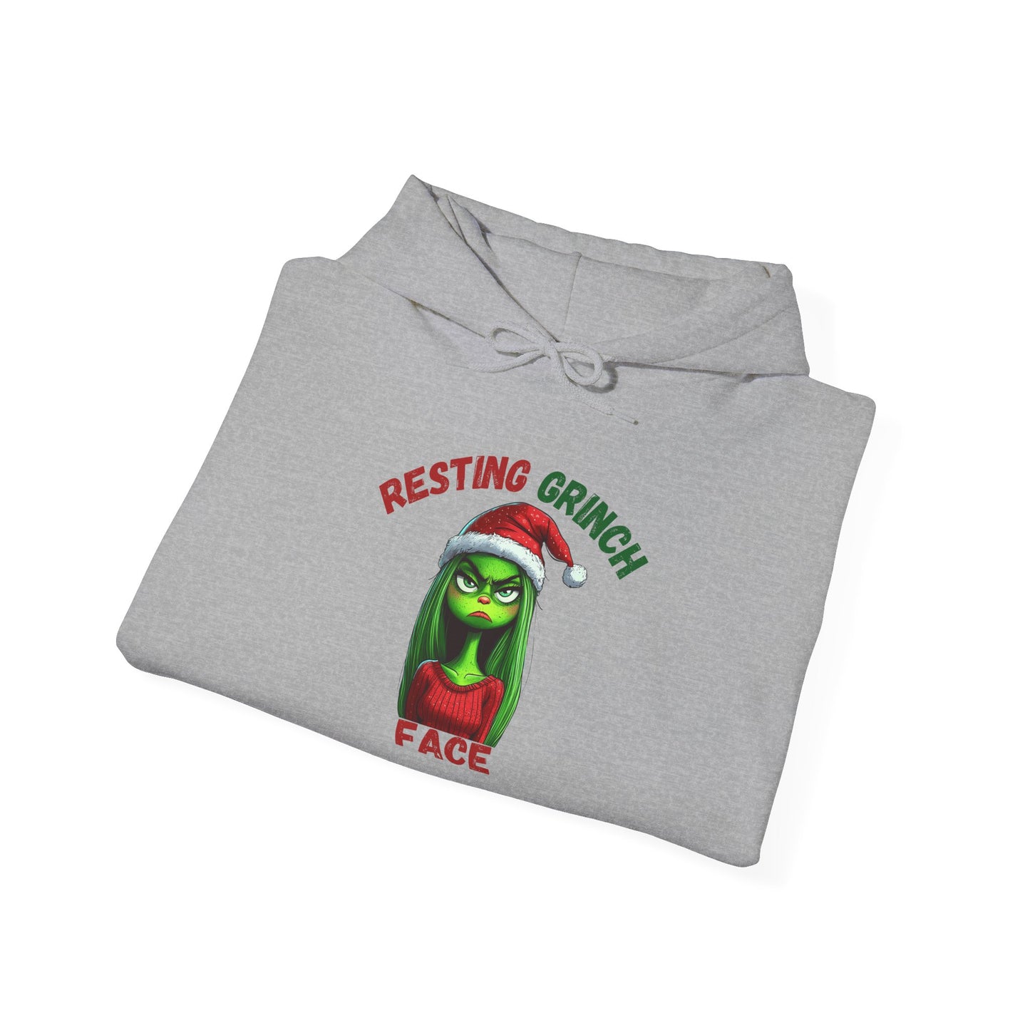 "Resting Grinch Face" Hoodie – Funny Christmas Hoodie in Red & Green Text for Holiday Season
