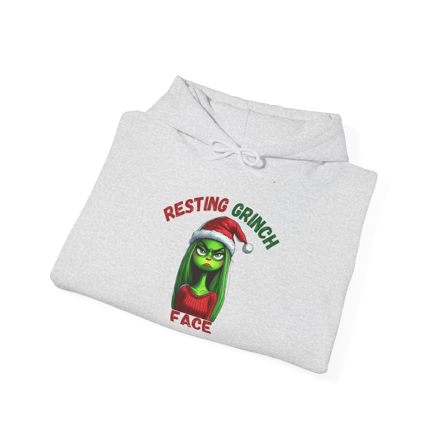 "Resting Grinch Face" Hoodie – Funny Christmas Hoodie in Red & Green Text for Holiday Season