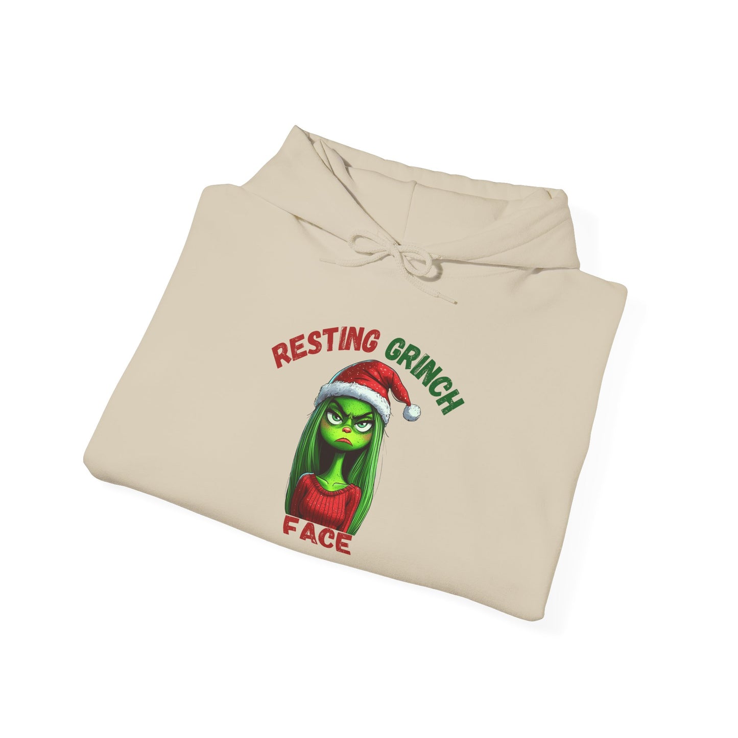 "Resting Grinch Face" Hoodie – Funny Christmas Hoodie in Red & Green Text for Holiday Season