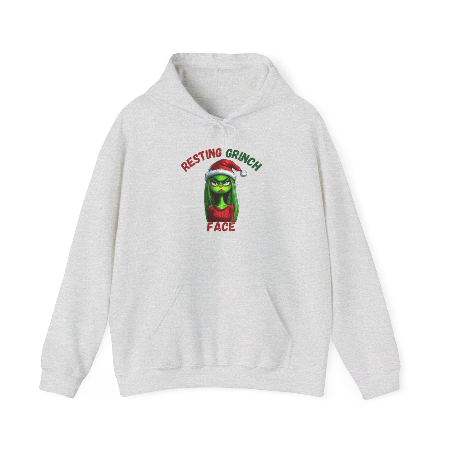 "Resting Grinch Face" Hoodie – Funny Christmas Hoodie in Red & Green Text for Holiday Season
