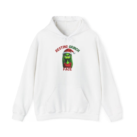 "Resting Grinch Face" Hoodie – Funny Christmas Hoodie in Red & Green Text for Holiday Season
