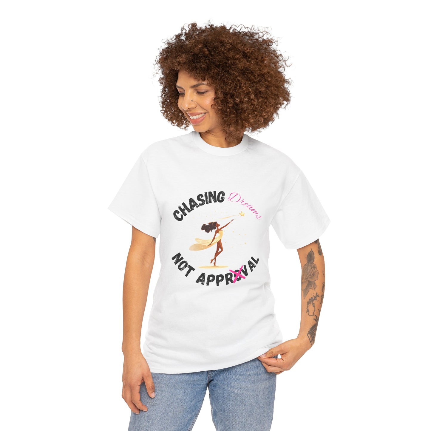 "Chasing Dreams Not Approval" Inspirational Shirt – Motivational Tee in Black & Pink Text